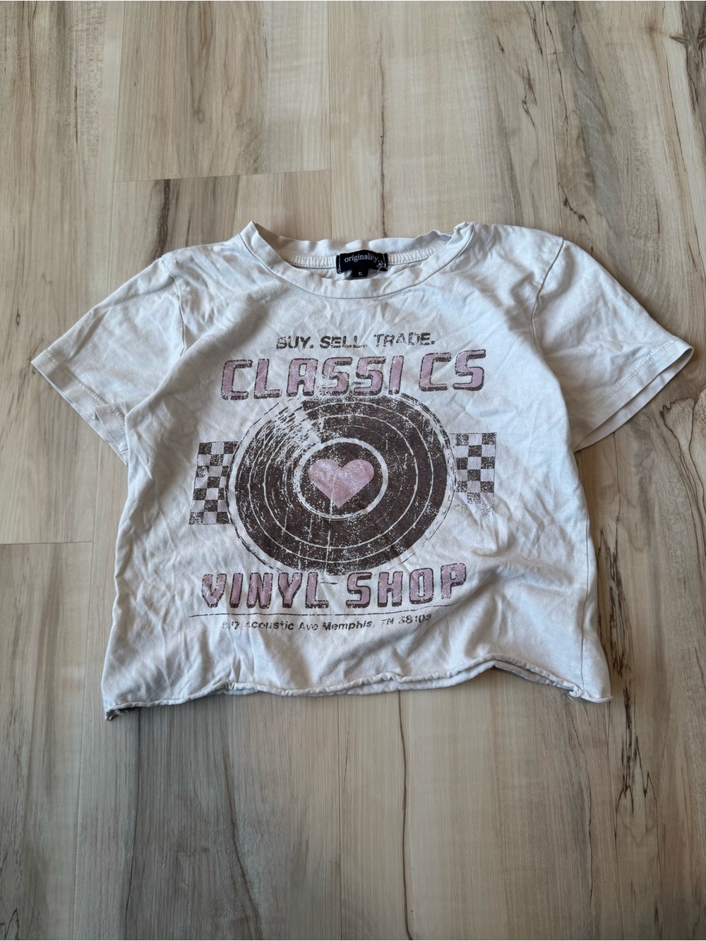 Originality Womens White Classics Vinyl Shop Graphic Baby Tee Small Retro Y2K